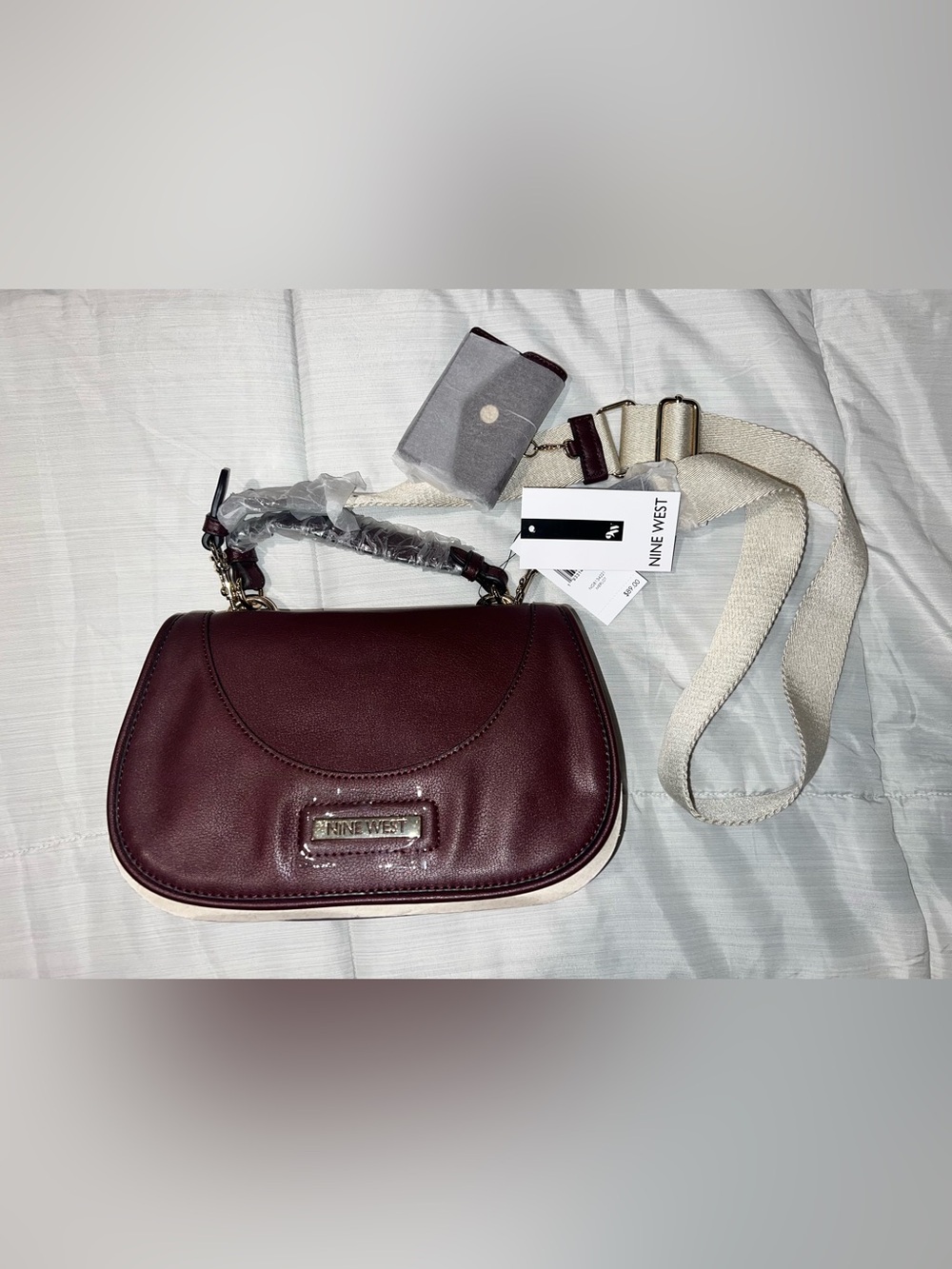 Nine West Burgundy Saddle Shoulder Bag with Cream Strap